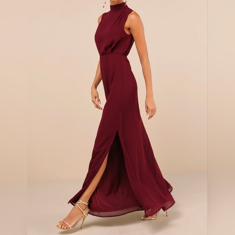 Lulus Classic Elegance Chiffon Sleeveless Mock Neck Maxi Dress, Wine Burgundy